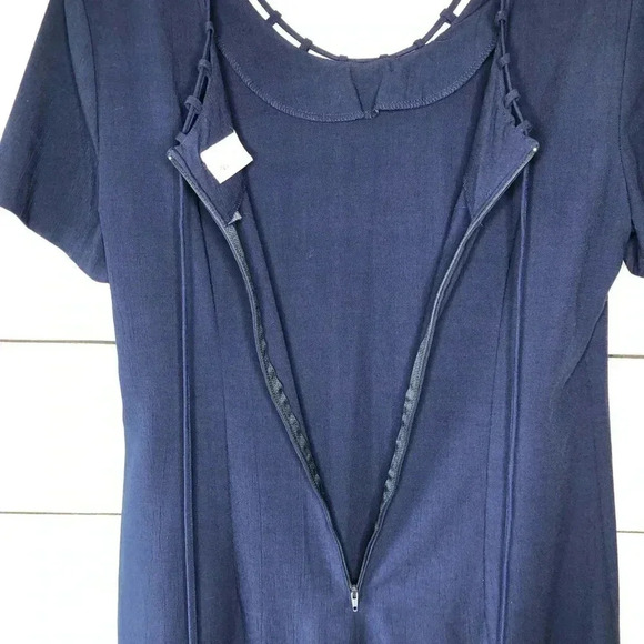 VTG Kathy Lee Dress 14 Dark Blue Short Sleeve Midi Back Zip Unlined - Picture 10 of 11